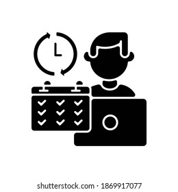 Full Time Job Black Glyph Icon. Work In Business Company, Busy Working Schedule. Full Employment Silhouette Symbol On White Space. Corporate Office Worker With Calendar Vector Isolated Illustration