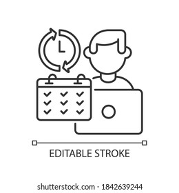 Icono lineal de trabajo a tiempo completo. Horario de trabajo ocupado. Ilustración personalizable de línea delgada de pleno empleo. Símbolo de contorno. Trabajador de oficina con dibujo de esquema aislado del vector de calendario. Trazo editable