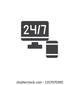 Full Time Service vector icon. filled flat sign for mobile concept and web design. Computer monitor and phone with 24/7 support glyph icon. Symbol, logo illustration. Pixel perfect vector graphics