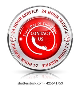Full Time Support Service. 24/7 hour service. Contact us - metallic red shiny button, label and sign.
