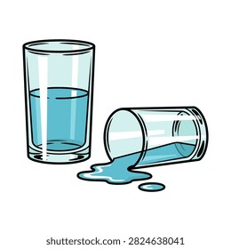 Full and toppled drinking glasses spilling water on white background