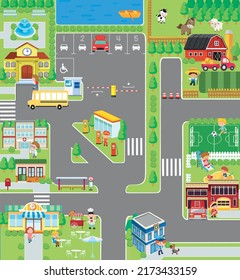 a full town city map with many of folks, and contains different kinda locations, i.e. farm, police station, school, playground, marketplace, bus stop and etc...