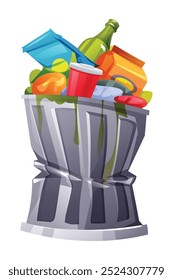 Full trash bin with bottles, packaging, and food waste spilling out, in a dented container. Vector cartoon illustration