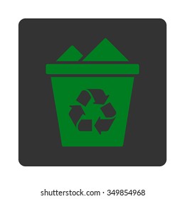 Full Trash Can vector icon. Style is flat rounded square button, green and gray colors, white background.