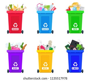 Full trash cans with sorted trash vector set. Different types of garbage: Organic, Plastic, Metal, Paper, Glass, E-waste. Vector collection of colorful trash bins for educational infographics.