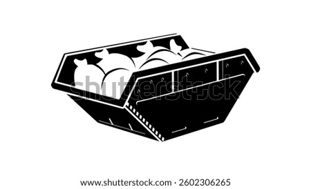 Full trash container, black isolated silhouette