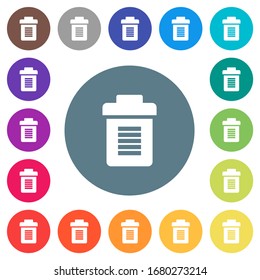 Full trash flat white icons on round color backgrounds. 17 background color variations are included.