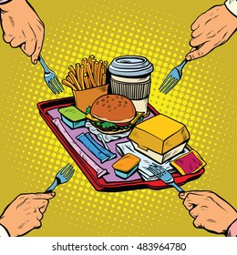 Full tray of fast food, pop art retro vector illustration. Hunger and appetite