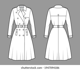 Full Trench coat technical fashion illustration and belt  napoleon wide lapel collar  knee length  storm flap  Flat jacket template front  back  white color style  Women  men  unisex top CAD mockup