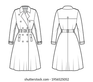 Full Trench coat technical fashion illustration and belt  napoleon wide lapel collar  knee length  storm flap  Flat jacket template front  back  white color style  Women  men  unisex top CAD mockup