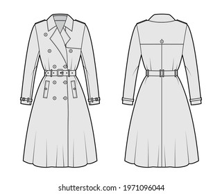 Full Trench coat technical fashion illustration and belt  double breasted  long sleeves  wide collar  knee length  storm flap  Flat template front  back  grey color style  Women  men top CAD mockup