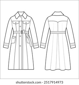 Ilustración de moda técnica de gabardina completa con cinturón, doble botonadura, mangas largas, longitud de rodilla, solapa de tormenta. Chaqueta plana de Plantilla frontal, trasera, blanca, estilo de color gris. Mujeres, hombres top CAD maqueta