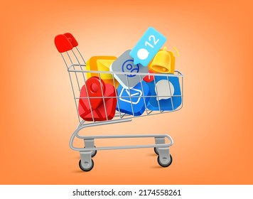 Full trolley of mobile application icons. 3d vector illustration

