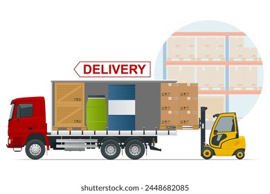 Full truckload, Shipping, Logistic Systems, Cargo Transport. Cargo Truck transportation, delivery, boxes. Delivery and shipping business cargo truck.