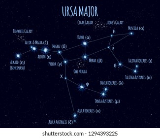 Full Ursa Major (Great Bear, Big Dipper) constellation, vector illustration with the names of basic stars against the starry sky