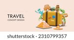 Full vacation. Many impressions from tourist trip. Large selection of activities on travel. Complete package of services from tourist agency. Horizontal poster with complex 3D composition