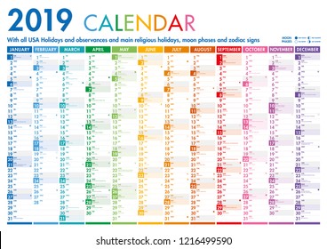 Full Vector 2019 Vertical Month Colorful Calendar with US Holidays and important days, Zodiac Signs and Moon Phases