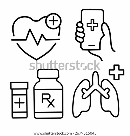 full vector art icons of heart health and day, lung health, health apps and medicines for stamina and health 