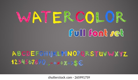 Full vector bright watercolor colored alphabet. Handwritten painted full font set with letters and digits