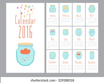 Full Vector calendar for 2016. Banks of different shapes with snowflakes, balls, Christmas trees, stars and other festive. Editable illustration