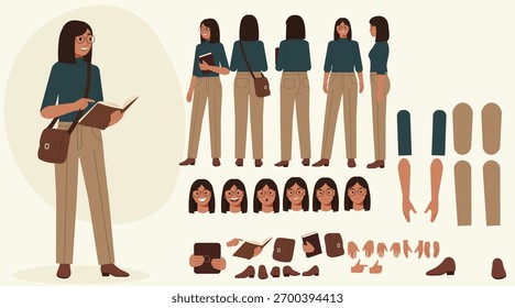 Folha de caracteres vetorial completa para animação com uma aluna ou leitora segurando um livro Inclui várias expressões diferentes vistas e partes separadas para personalização