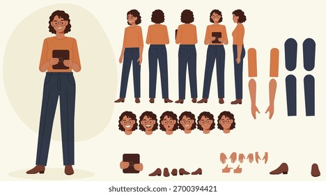 Folha de caracteres vetorial completa para animação com uma mulher segurando um tablet Inclui várias expressões ângulos membros intercambiáveis e acessórios para personalização