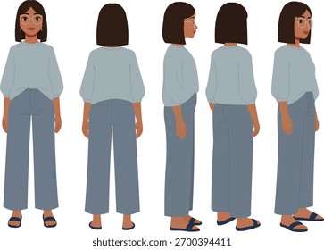 Full vector character turnaround sheet showing a woman in modern casual attire Includes front back and side profiles for animators game developers or digital artists