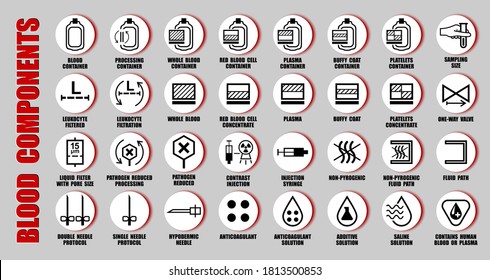 Colección vectorial completa de pictogramas negros ISO utilizando el hospital, el centro de sangre, los dispositivos médicos que fabrican los dispositivos de envasado contienen sangre y componentes de personas