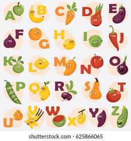 Full vector cute cartoon emoticon alphabet for kids. Educational poster, card, calendar, sticker  for school and home. Big healthy fruit and vegetable collection.