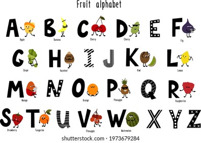 Full vector cute cartoon tasty alphabet for kids in bright colors. Educational poster for school and home. Big healthy fruit collection.