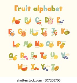 Full vector cute cartoon tasty alphabet for kids in bright colors. Educational poster for school and home. Big healthy fruit collection.