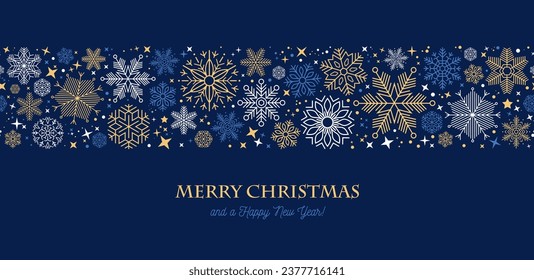 Full Vector Merry Christmas and Happy New Year festive design with border made of beautiful snoflakes in modern line art style. Winter dark blue background with falling snow.