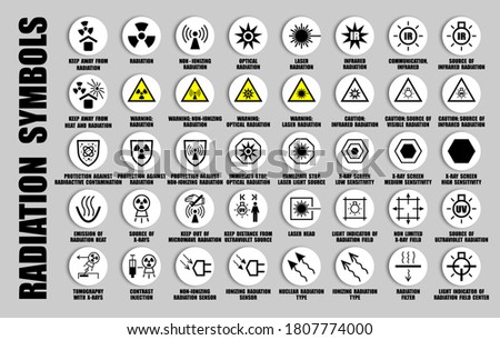 Full vector set of black radioactive symbols isolated on white. Radiation danger and caution ISO icons with warning information