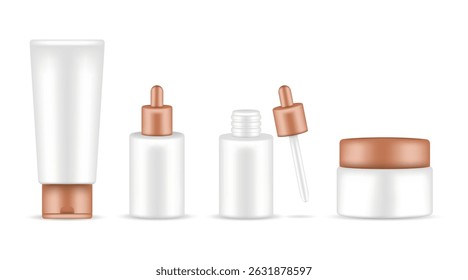 Full vector set of modern cosmetic packaging in minimalist style: tube, bottle with pipette, open bottle and jar for cream on white background