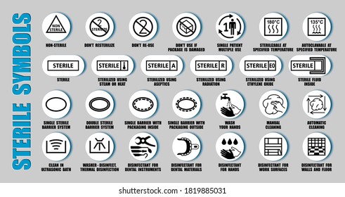 Full Vector Set Of Sterilized And Disinfectant Symbols For Medical Device Package, Using ISO, FDA Icons. Packaging Pictograms Of Cleaning Medicine Equipment