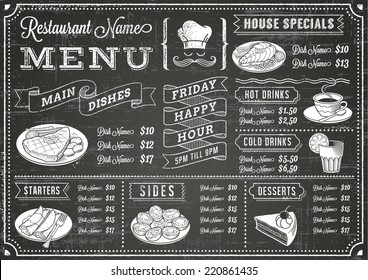 A full vector template Chalkboard menu for restaurant and snack bars with grunge elements. File is organized with layers for ease of use.