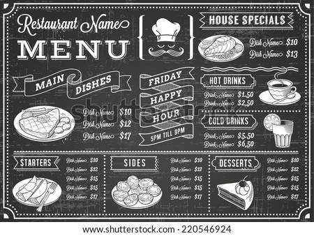 A full vector template Chalkboard menu for restaurant and snack bars with grunge elements