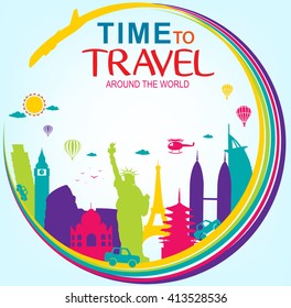 Full Vector Time To Travel Around The World With Colorful World's Famous Landmarks On Blue Background
