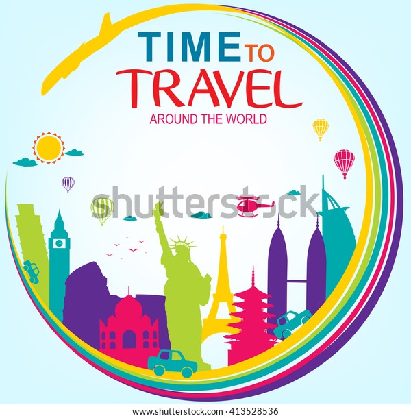 Full Vector Time to Travel\
Around the World with Colorful World\'s Famous Landmarks on Blue\
Background\
