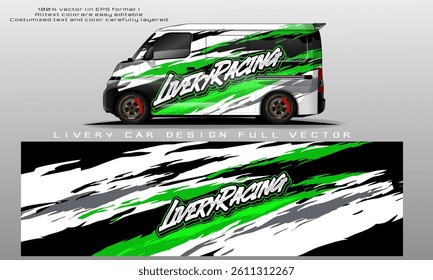 Full vector van livery design featuring dynamic brush stroke graphics in green, black, white, and gray. Bold and aggressive 'Livery Racing' typography with customizable text and color layers. Perfect - Powered by Shutterstock - Get 15% off with code: PIKWIZARD15