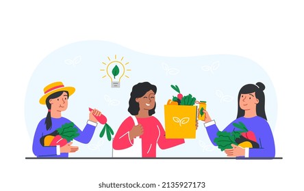 Full of vegetables. Farmers and agriculture. Young girls go with packages of fresh, natural organic products. Healthy food, diet and nutrition, happy friends. Cartoon flat vector illustration