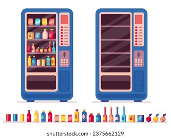 Full vending machine. Automatic snack and beverage dispenser with snacks and beverages, fresh cold and hot products. Vector vending machine with snacks and beverages set. Buying food and drink