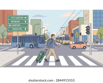 Full View of a Professional Man Pulling a Suitcase Through a Modern International Airport Terminal Interior