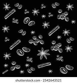 Full view of a seamless pattern featuring various spices and coffee beans