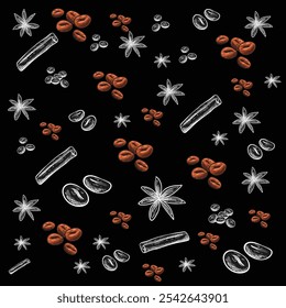 Full view of a seamless pattern featuring various spices and coffee beans