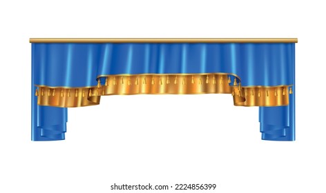 Full volume golden blue luxury draping curtains composition with realistic image on blank background vector illustration