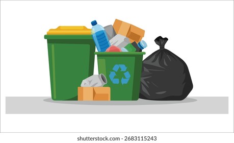 voller Abfallbehälter mit Recyclingbehälter, Cartoon-Vektor, einzeln weiß