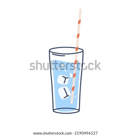 Full water glass with ice cubes and straw. Clean cold fresh aqua in lineart cup. Sparkling carbonated refreshing drink with bubbles. Line-art flat vector illustration isolated on white background