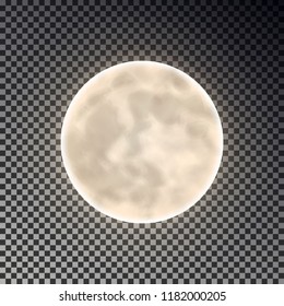 Full white moon isolated. Dark night sky background. Closeup moon light transparent effect. Glow moonlight at dark space. Luna vector illustration.