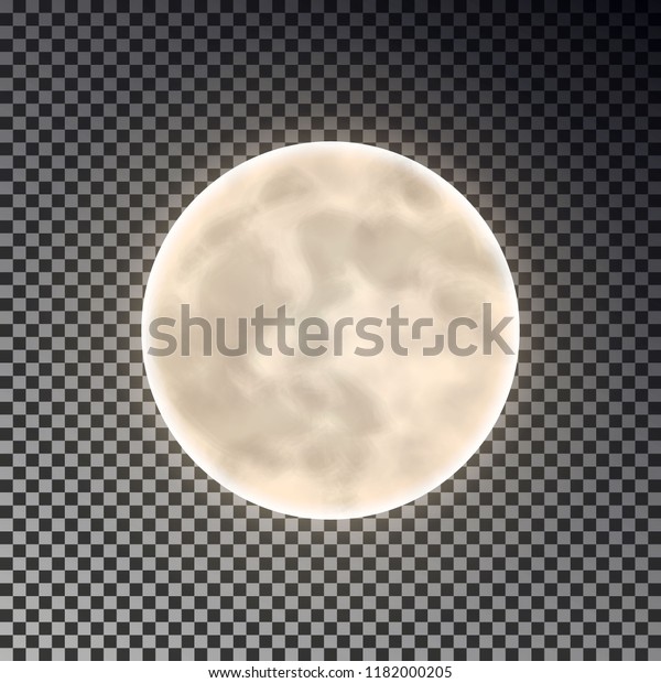 Full white moon isolated. Dark night sky\
background. Closeup moon light transparent effect. Glow moonlight\
at dark space. Luna vector\
illustration.